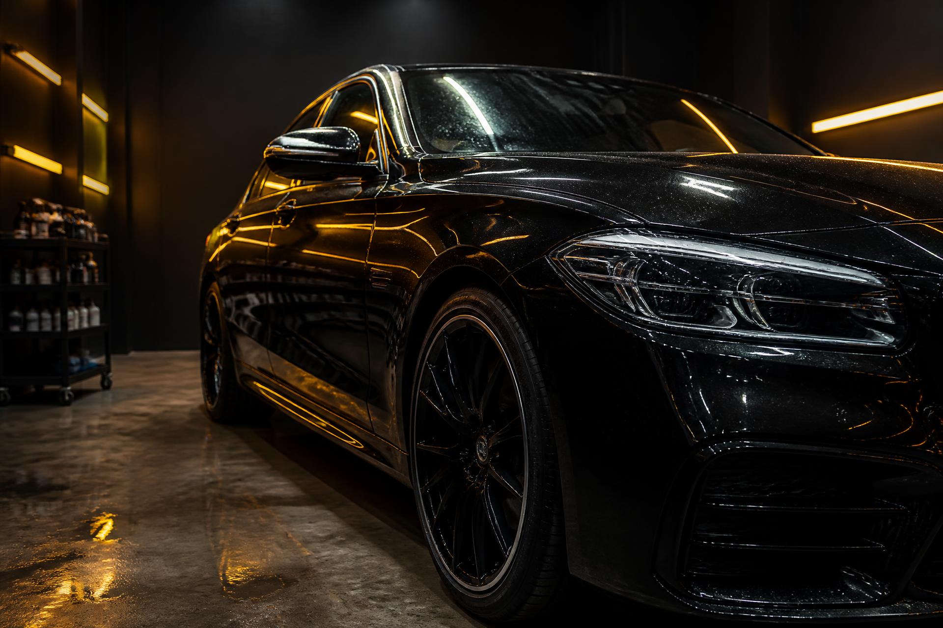 Blizgus juodas automobilis po profesionalių detailing darbų